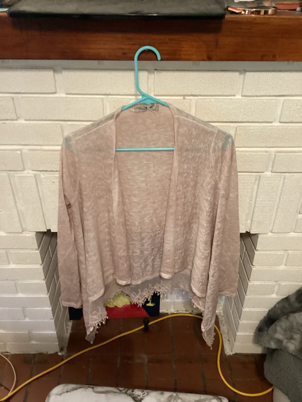 Women's Light Blush Open-Front Draped Cardigan with Lace Trim